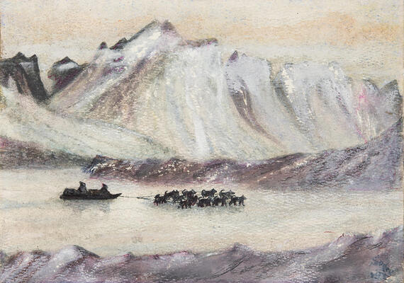 Watercolour painting of an arctic landscape with sled dogs and team
